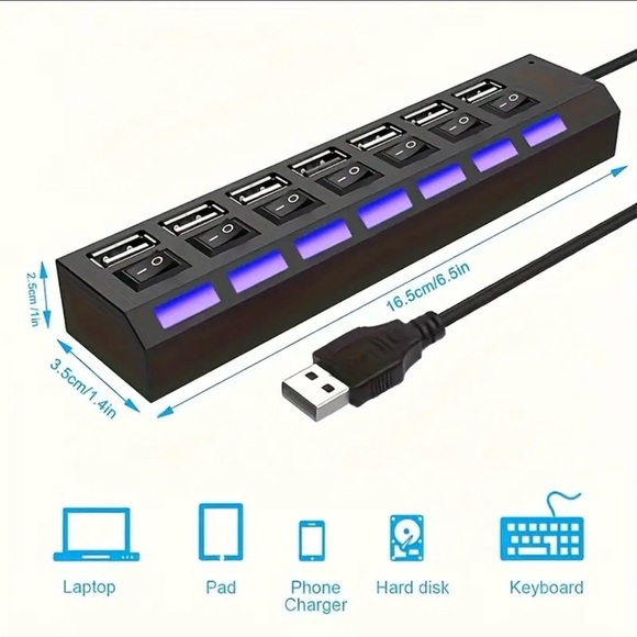 Brand New 7-Port USB 2.0 Hub with Switches & LED Lights - Picture 3 of 8